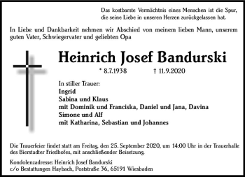 Traueranzeige von Heinrich Josef Bandurski von vrm-trauer
