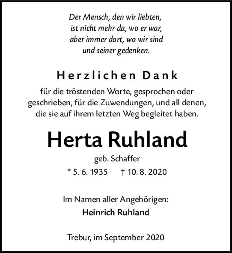  Traueranzeige für Herta Ruhland vom 18.09.2020 aus vrm-trauer