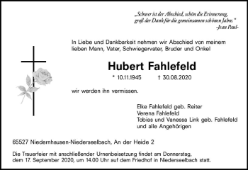 Traueranzeige von Hubert Fahlefeld von vrm-trauer