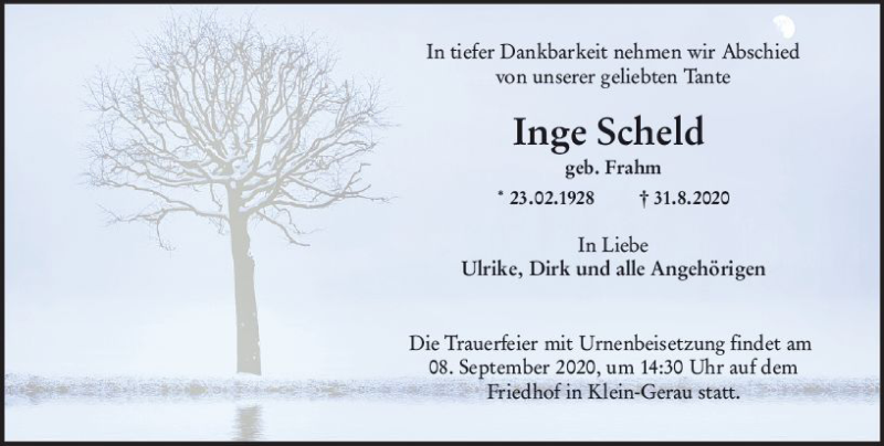  Traueranzeige für Inge Scheld vom 05.09.2020 aus vrm-trauer