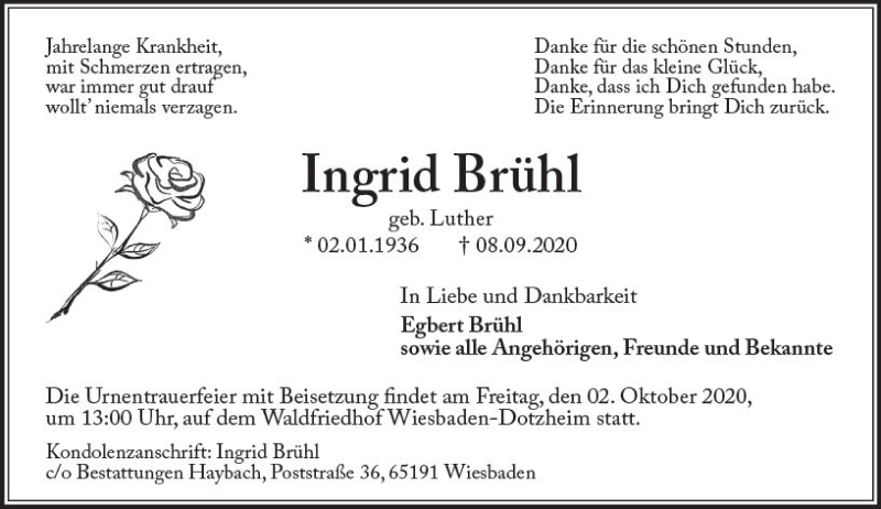  Traueranzeige für Ingrid Brühl vom 26.09.2020 aus vrm-trauer