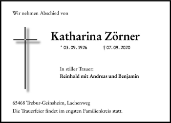 Traueranzeige von Katharina Zörner von vrm-trauer
