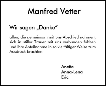 Traueranzeige von Manfred Vetter von vrm-trauer