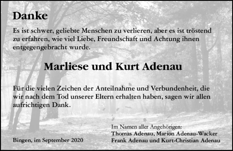  Traueranzeige für Marliese Adenau vom 19.09.2020 aus vrm-trauer