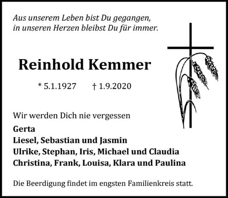  Traueranzeige für Reinhold Kemmer vom 05.09.2020 aus vrm-trauer