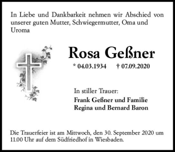 Traueranzeige von Rosa Geßner von vrm-trauer