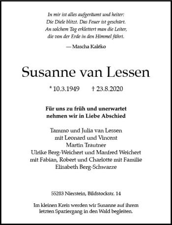 Traueranzeige von Susanne van Lessen von vrm-trauer
