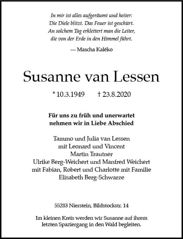  Traueranzeige für Susanne van Lessen vom 05.09.2020 aus vrm-trauer