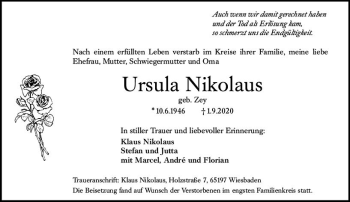 Traueranzeige von Ursula Nikolaus von vrm-trauer
