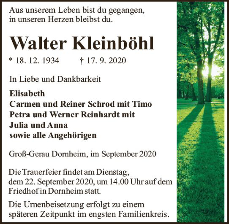  Traueranzeige für Walter Kleinböhl vom 19.09.2020 aus vrm-trauer
