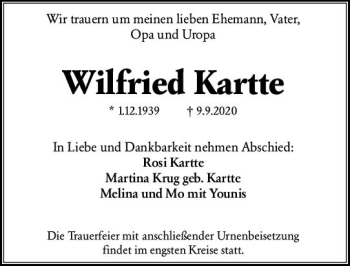 Traueranzeige von Wilfried Kartte von vrm-trauer
