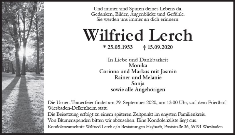 Traueranzeige für Wilfried Lerch vom 26.09.2020 aus vrm-trauer