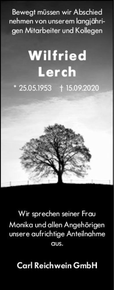  Traueranzeige für Wilfried Lerch vom 26.09.2020 aus vrm-trauer