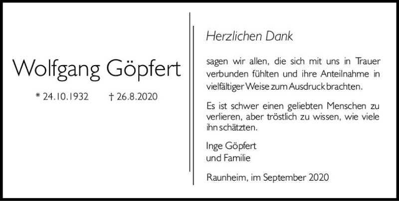  Traueranzeige für Wolfgang Göpfert vom 12.09.2020 aus vrm-trauer