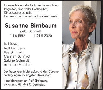 Traueranzeige von Susanne Birnbaum von VRM Tageszeitungen