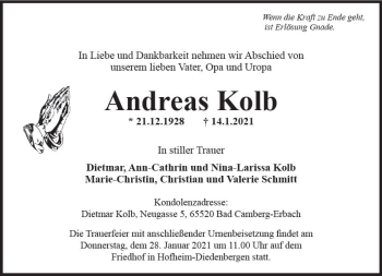 Traueranzeige von Andreas Kolb von vrm-trauer