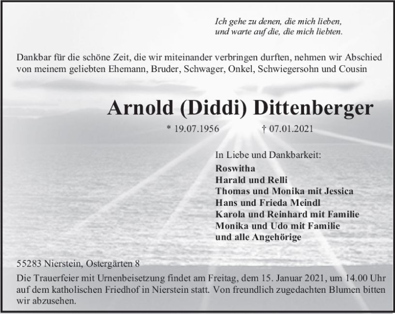  Traueranzeige für Arnold  Dittenberger vom 12.01.2021 aus vrm-trauer