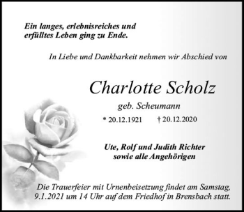 Traueranzeige von Charlotte Scholz von vrm-trauer