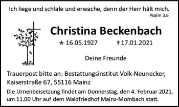 Traueranzeige von Christina Beckenbach von vrm-trauer