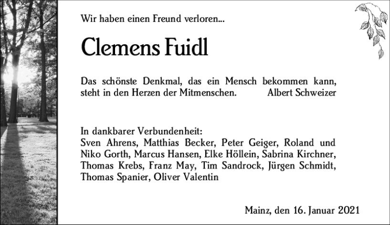  Traueranzeige für Clemens Fuidl vom 16.01.2021 aus vrm-trauer