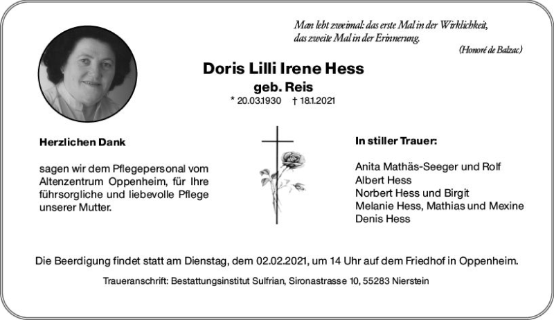  Traueranzeige für Doris Lilli Irene Hess vom 26.01.2021 aus vrm-trauer