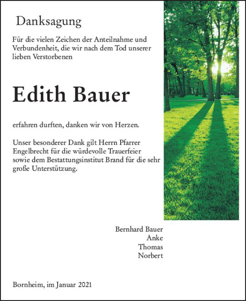  Traueranzeige für Edith Bauer vom 30.01.2021 aus vrm-trauer