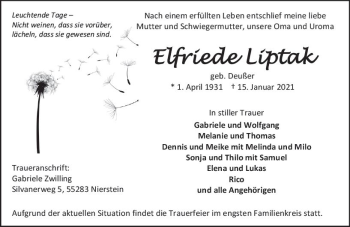 Traueranzeige von Elfriede Liptak von vrm-trauer