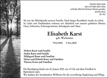 Traueranzeige von Elisabeth Karst von vrm-trauer