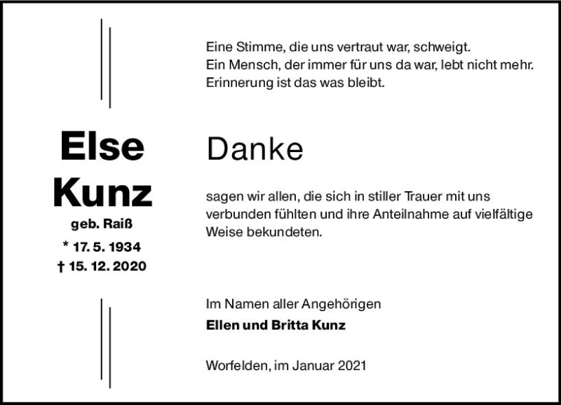  Traueranzeige für Else Kunz vom 09.01.2021 aus vrm-trauer