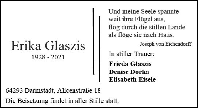  Traueranzeige für Erika Glaszis vom 23.01.2021 aus vrm-trauer