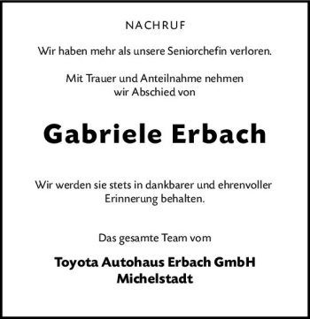 Traueranzeige von Gabriele Erbach von vrm-trauer