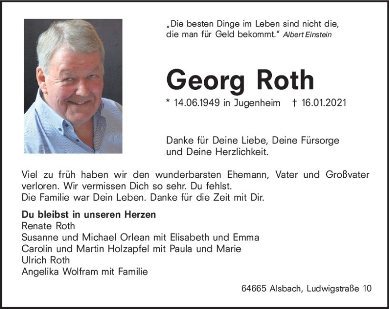  Traueranzeige für Georg Roth vom 23.01.2021 aus vrm-trauer