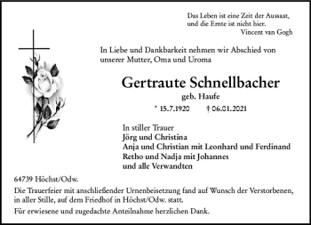 Traueranzeige von Gertraute Schnellbacher von vrm-trauer