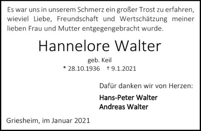  Traueranzeige für Hannelore Walter vom 30.01.2021 aus vrm-trauer