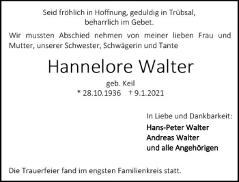 Traueranzeige von Hannelore Walter von vrm-trauer
