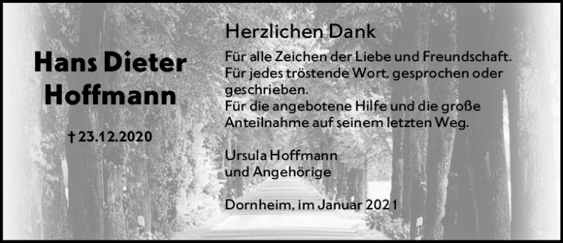  Traueranzeige für Hans Dieter Hoffmann vom 23.01.2021 aus vrm-trauer