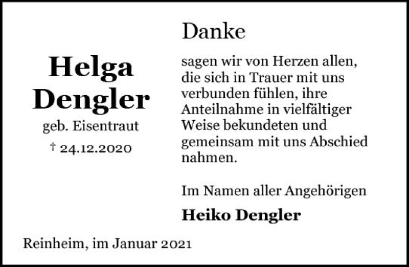  Traueranzeige für Heiko Dengler vom 23.01.2021 aus vrm-trauer