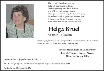 Traueranzeige von Helga Brüel von vrm-trauer