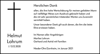 Traueranzeige von Helmut Lohrum von vrm-trauer