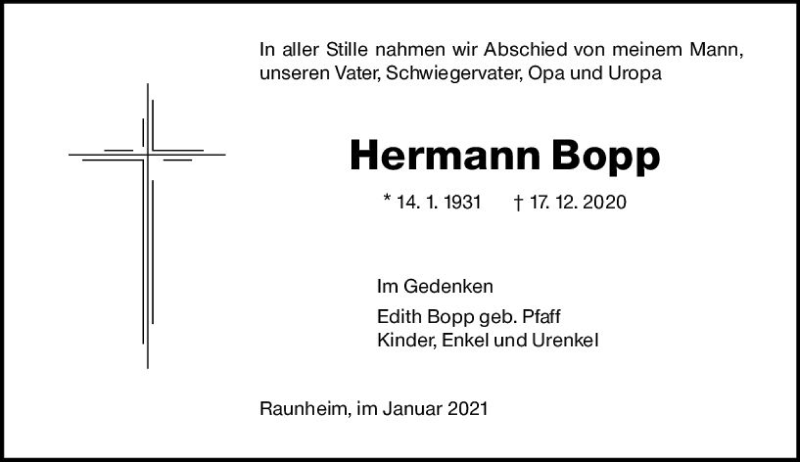  Traueranzeige für Hermann Bopp vom 16.01.2021 aus vrm-trauer