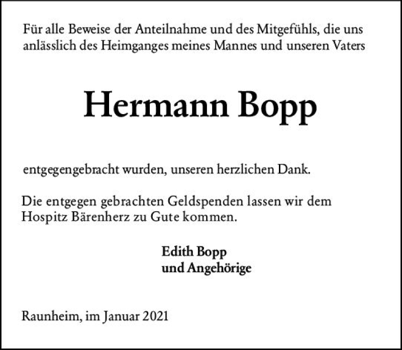  Traueranzeige für Hermann Bopp vom 23.01.2021 aus vrm-trauer