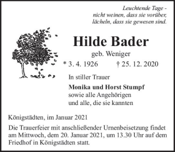 Traueranzeige von Hilde Bader von vrm-trauer