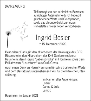 Traueranzeige von Ingrid Besier von vrm-trauer