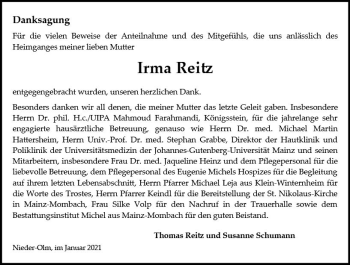 Traueranzeige von Irma Reitz von vrm-trauer