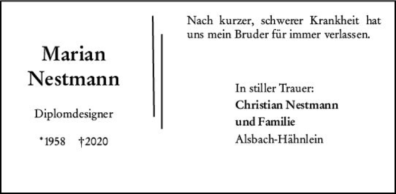  Traueranzeige für Marian Nestmann vom 09.01.2021 aus vrm-trauer