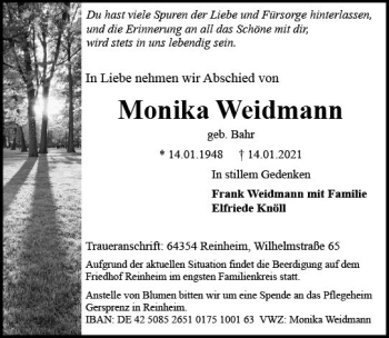 Traueranzeige von Monika Weidmann von vrm-trauer
