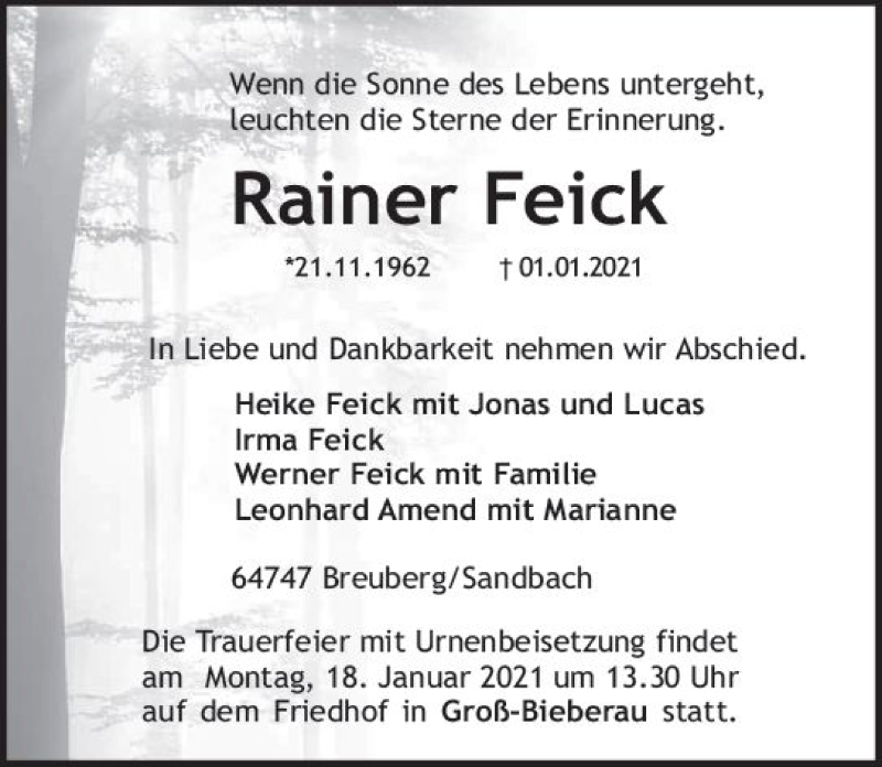  Traueranzeige für Rainer Feick vom 16.01.2021 aus vrm-trauer
