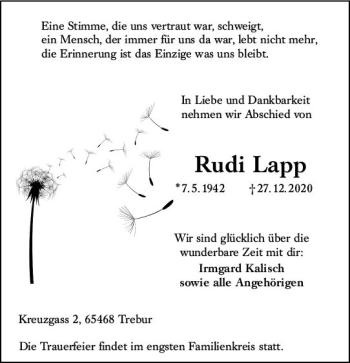 Traueranzeige von Rudi Lapp von vrm-trauer
