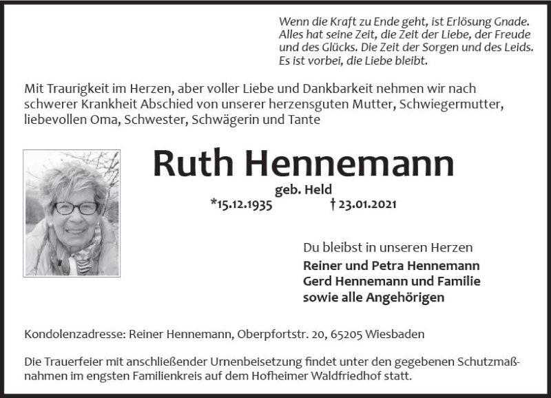  Traueranzeige für Ruth Hennemann vom 29.01.2021 aus vrm-trauer