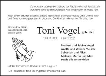 Traueranzeige von Toni Vogel von vrm-trauer
